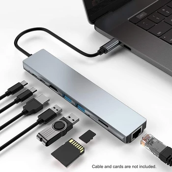 8-В-1 USB C Концентратор Type-C Концентратор Адаптер Док-станция Многопортовый Адаптер с 4K HD RJ45 Ethernet USB 2.0 PD Зарядный Порт для ПК