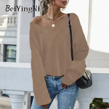 Beiyingni/ Осенне-зимний женский свитер с V-образным вырезом и длинным рукавом, длинный Свободный пуловер, женская модная уличная одежда, повседневный вязаный джемпер