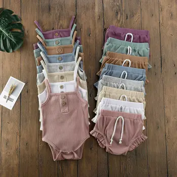 Citgeett/ 2 шт. Летняя однотонная одежда для новорожденных девочек на бретелях, трикотажные укороченные топы + шорты, повседневный комплект одежды