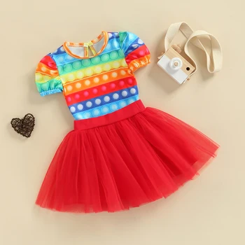 FOCUSNORM/ Летние комплекты одежды принцессы для маленьких девочек от 1 до 5 лет, комбинезон с пышными рукавами и принтом + Сетчатые кружевные юбки-пачки