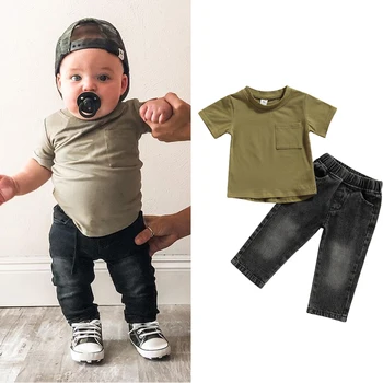 FOCUSNORM/ Летние повседневные комплекты одежды для маленьких мальчиков от 0 до 4 лет, 2 шт., однотонные футболки с короткими рукавами и карманами, джинсовые брюки