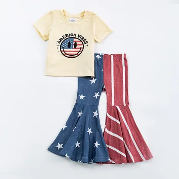 Girlymax, 4 Июля, День Независимости, Летняя Детская Одежда Для маленьких девочек, Расклешенные брюки в молочную шелковую полоску, Отбеленная футболка, Комплект