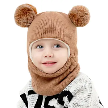 Детская зимняя шапка-шарф, вязаная шапка-ушанка, теплая шапка с капюшоном на толстой флисовой подкладке и помпонами для девочек и мальчиков