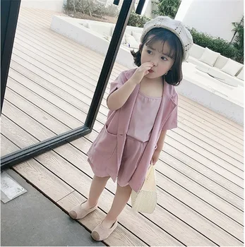 Детская летняя одежда, весенний костюм, Новый Корейский жилет + блейзер + шорты, комплекты детской модной одежды из трех предметов, Roupa Infantil, наряд для девочек