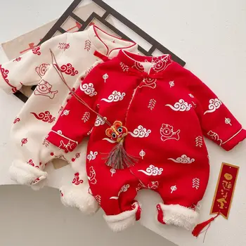 Детская традиционная китайская одежда плюс бархатная утепленная теплая зимняя верхняя одежда для младенцев Унисекс, комбинезон для новорожденных мальчиков и девочек на Новый год