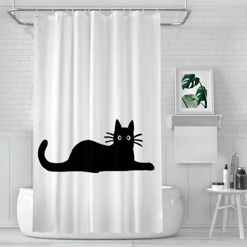 Занавески для душа Black Cat из водонепроницаемой ткани Забавный декор ванной комнаты с крючками Аксессуары для дома