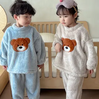 Зимний детский фланелевый теплый домашний халат унисекс с вышивкой медведя, детский толстый пуловер и теплые брюки, комплекты из 2 предметов