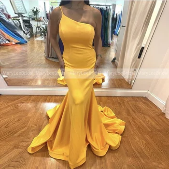 Золотисто-желтая Русалка Вечерние платья 2022 Мода Спагетти ремень на одно плечо повседневное платье Женские вечерние платья с длинным шлейфом