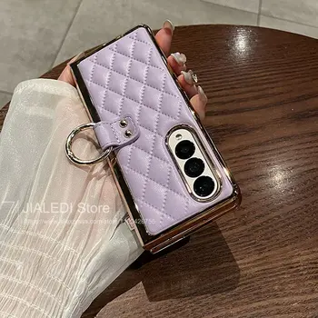 Кольцо Фиолетовый ромб Кожаный чехол для телефона Samsung Galaxy Z Fold 4 5 Закаленная пленка для экрана Z Fold 3 крышка