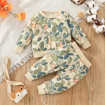 Комплект повседневной одежды из двух предметов для мальчиков, пуловер и брюки с рисунком листьев и цветов 40