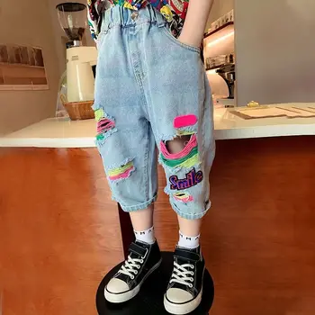 Летние Детские джинсы Тонкие Буквы с длинными отверстиями Красочные Карманы Эластичный пояс Простые Удобные Повседневные Модные Детские брюки