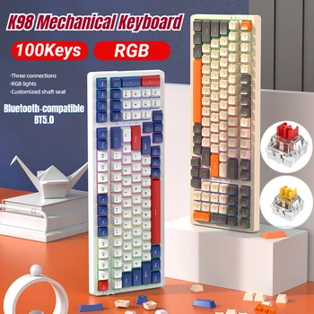 Механическая клавиатура K98 100Keys, трехрежимная горячая замена, игровая беспроводная клавиатура с RGB подсветкой 2,4 ГГц для настольных ПК, геймер