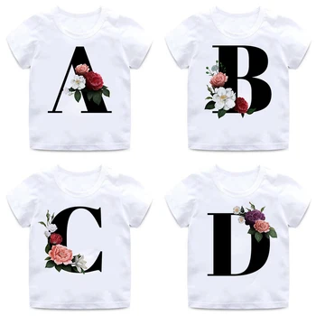 Модная футболка с алфавитом, Унисекс, летние новые футболки для девочек, футболка в стиле Харадзюку в стиле ретро для мальчиков, детская футболка с цветочным узором, милая футболка с круглым вырезом