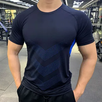 Новая летняя компрессионная дышащая Мужская футболка для бега и фитнеса с коротким рукавом, эластичные быстросохнущие Спортивные рубашки для тренировок по бодибилдингу