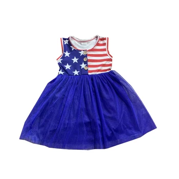 Оптовая продажа летней детской одежды 4 июля, шифоновое платье без рукавов в звездную полоску для девочек, платье для малышей