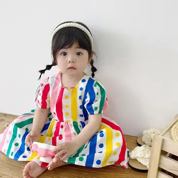 Платье в горошек для девочек от 0 до 6 лет, летнее детское Корейское платье в радужную полоску, платье принцессы для маленькой девочки
