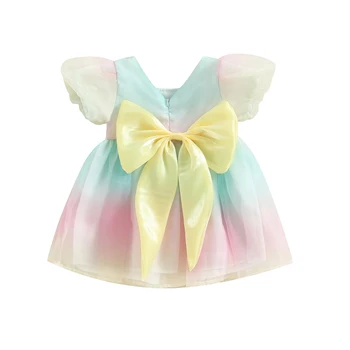 Платье Для маленьких девочек с коротким рукавом, сетчатое кружевное платье с принтом в виде радужной краски и украшением бантом