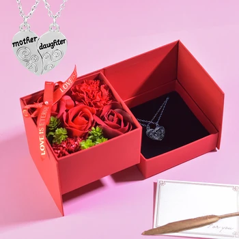 Подарки для мамы Мыло Шкатулка с цветами Розы Ожерелье в виде сердца для матери и дочери Подарочная коробка с искусственными цветами для подруги на День рождения