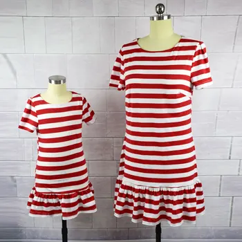 Подходящие для семьи платья для мамы и дочки, наряды в красно-белую полоску с коротким рукавом, подходящая для семьи одежда для мамы и детей для девочек