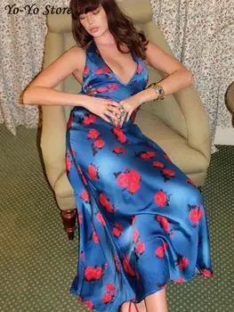 Сексуальное женское платье с V-образным вырезом и открытой спиной на бретелях, летние синие платья Макси с принтом 2023, женский элегантный халат без рукавов для пляжной вечеринки