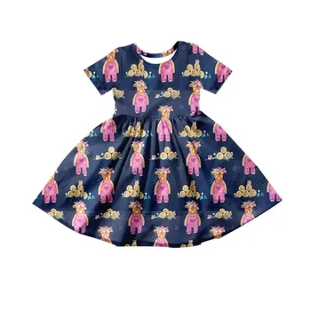 Темно-синее летнее платье из молочного шелка с принтом розового Медведя для девочек-бутиков длиной до колен