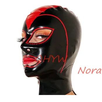 Черная фетишистская латексная маска ручной работы с капюшоном, резиновая маска с открытыми глазами и губами с красной отделкой для мужчин и женщин