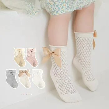 Чулки для маленьких девочек Летние хлопчатобумажные сетчатые Длинные носки с бантом Тонкие дышащие Детские Носки Носки для новорожденных принцесс