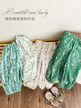 Широкие брюки для девочек 2023, Новые летние повседневные милые дышащие легкие брюки с цветочным рисунком